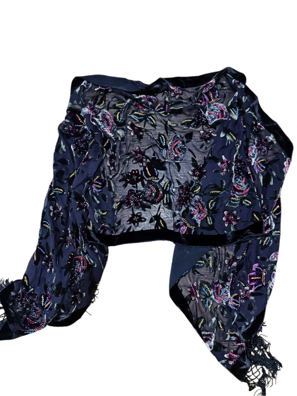 Vintage Embroidered beaded velvet sheer fringe Floral Navy and black Scarf Wrap